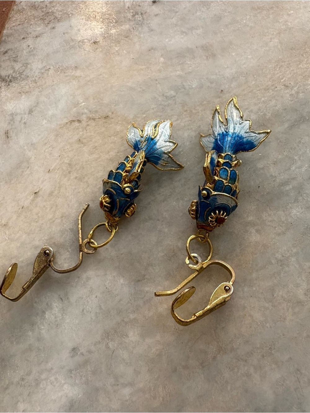 Vintage Blue Enamel Koi Fish Clip-On Earrings - Gold Tone